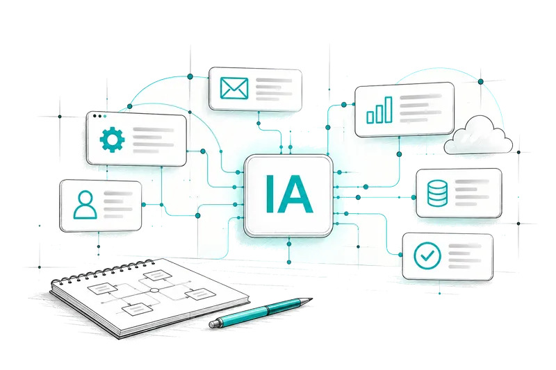 Ilustración de un nodo central conectado a iconos de personas, email, estadísticas y base de datos